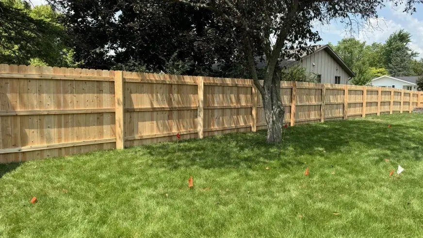 Wooden privacy fence along a grassy backyard with a large tree and house in the background