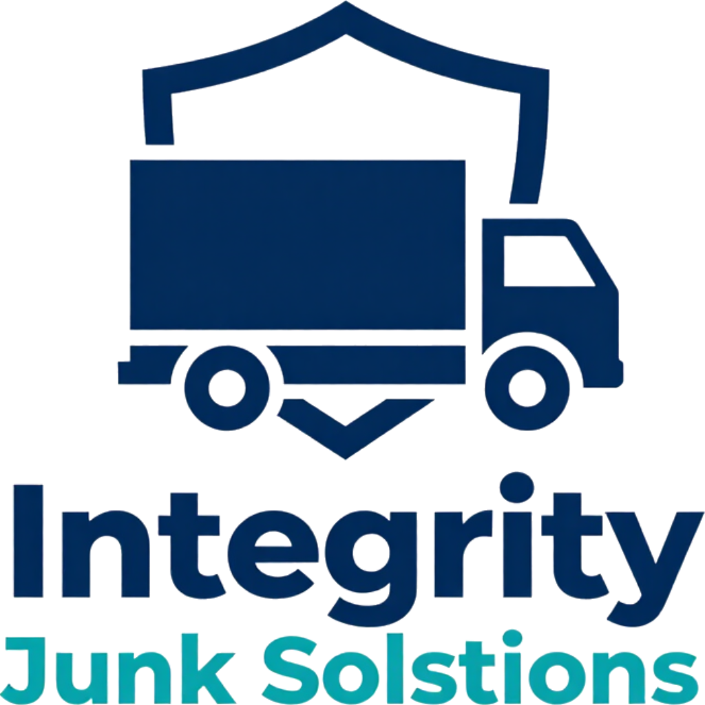 Integrity Junk Solutions logo with blue trash truck and house outline, teal and blue text
