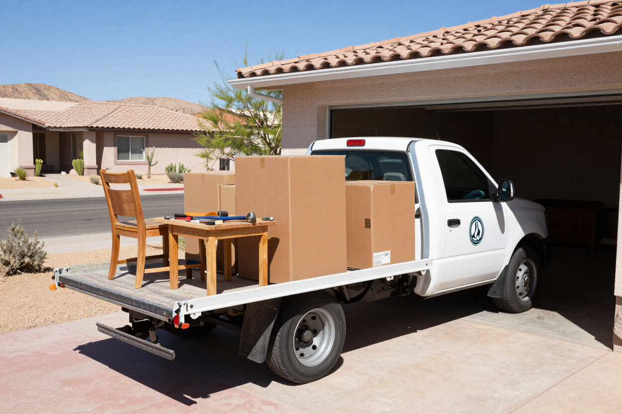 White pickup truck loaded with boxes and a wooden chair in a suburban driveway