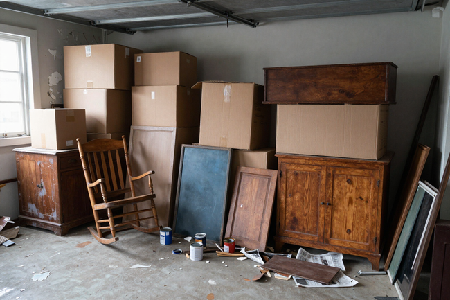 Garage filled with stacked moving boxes, furniture, and stored household items