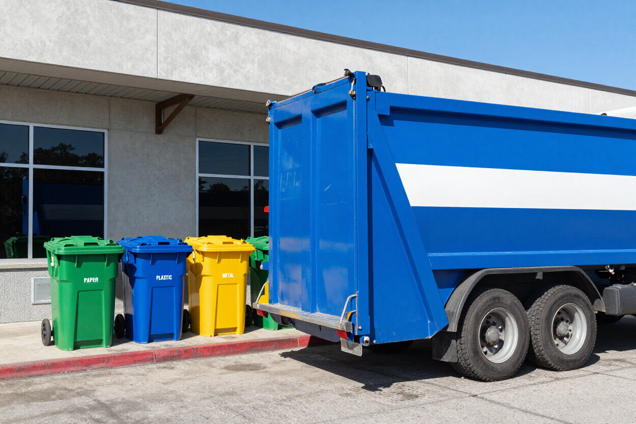 Blue garbage truck beside colored recycling bins outside a building