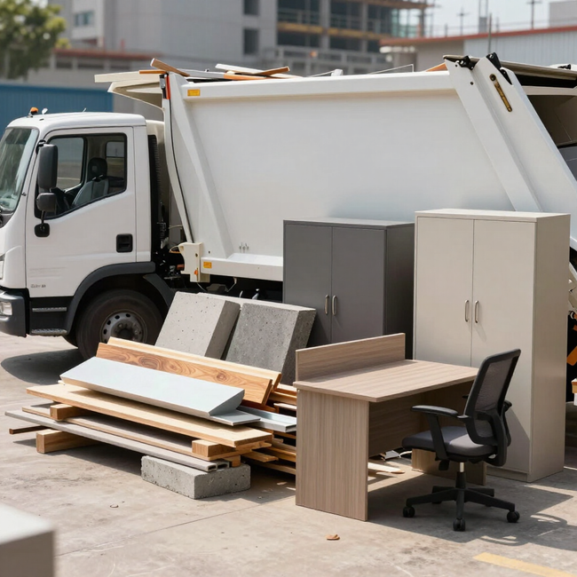 Moving truck beside a pile of office furniture and boxes during a move-out cleanup