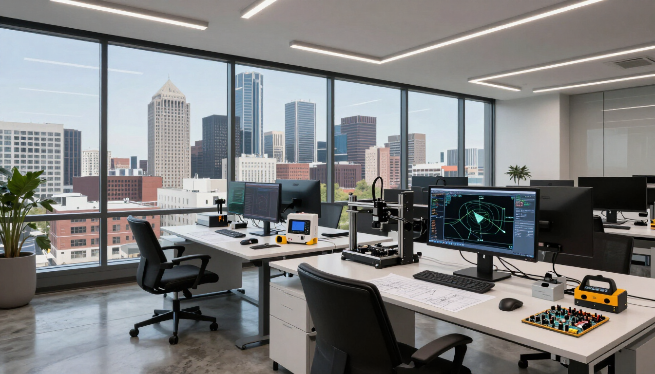 Modern office with desks, computers, and city skyline through large windows