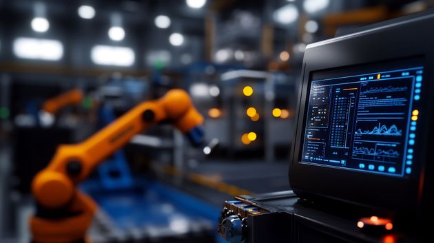 Robotic arm beside a laptop showing a blue industrial control dashboard in a factory. Robotic arm beside a laptop showing a blue industrial control dashboard in a factory.