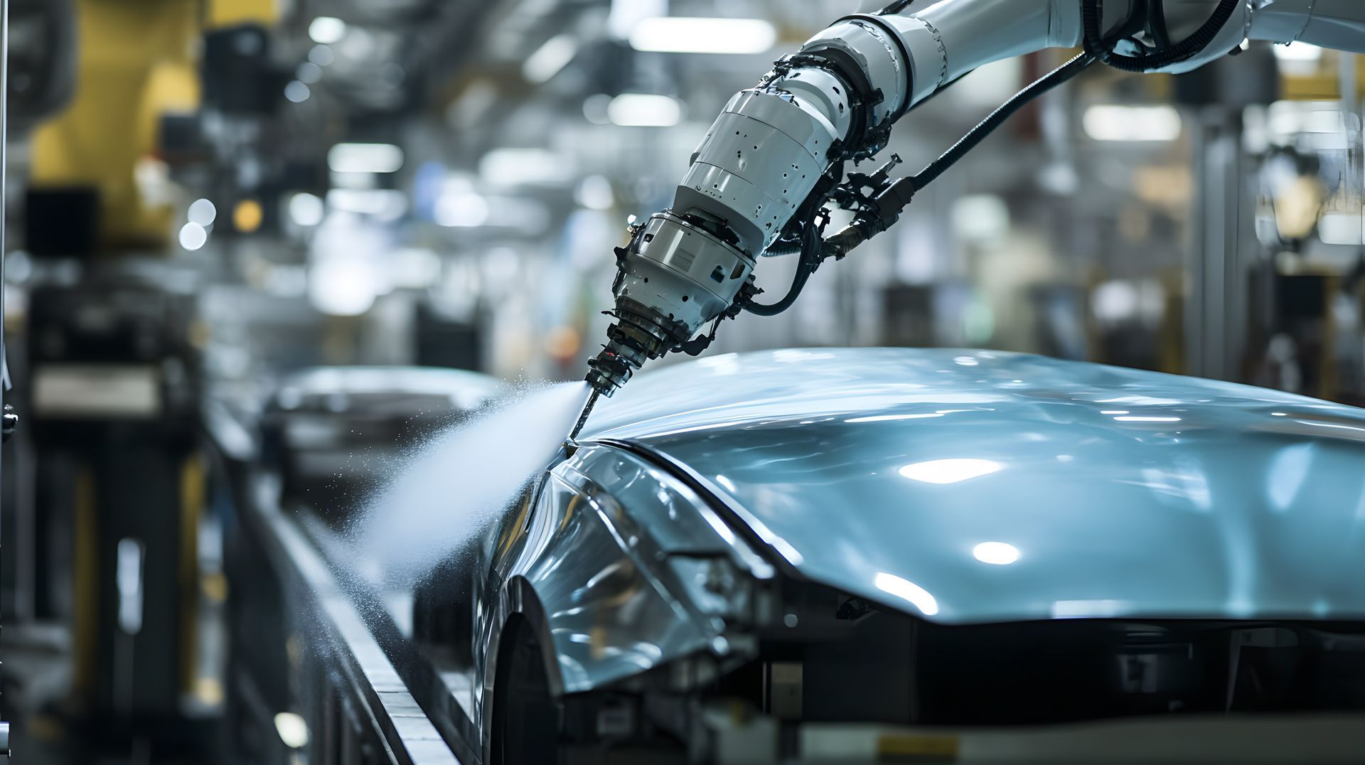 Robot arm painting a car body on an assembly line in a factory
