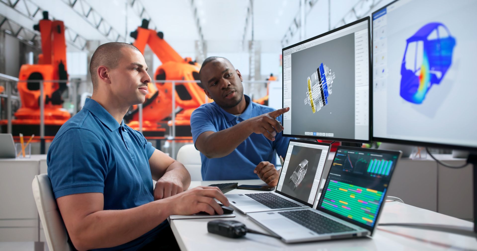 Two engineers review 3D model simulations on dual monitors in a bright lab workspace.