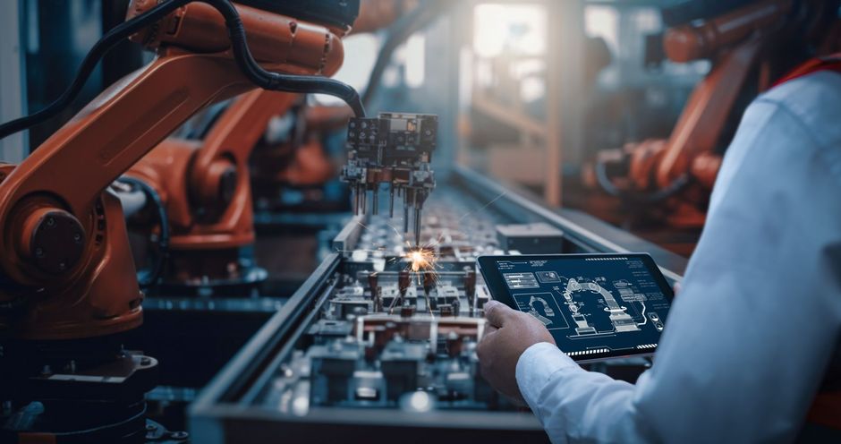Technician inspecting electronics on an assembly line with orange robotic arms in a factory