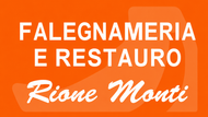 Orange sign reading &ldquo;FALEGNAMERIA E RESTAURO Rione Monti&rdquo; in white text.