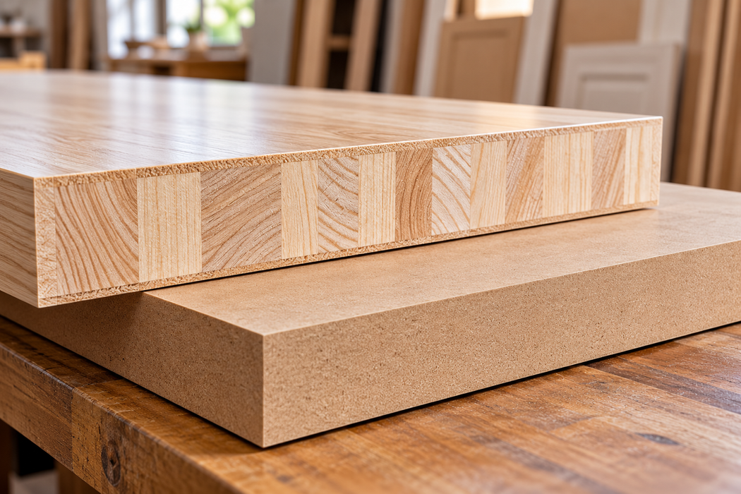Tavole di legno impilate su un tavolo di legno, con le estremità di taglio lisce e dalla texture ruvida.