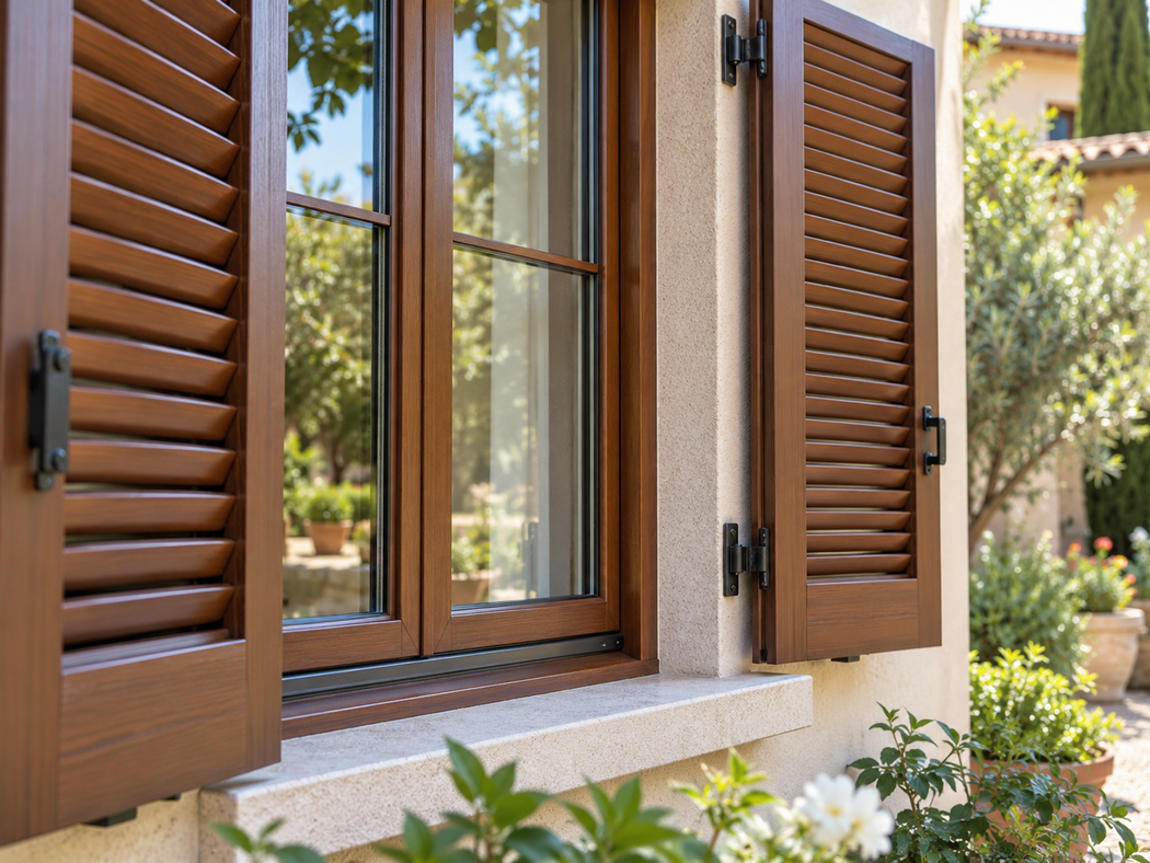 Finestra con persiane in legno su una casa con intonaco beige, con piante in vaso e vegetazione del giardino all’esterno