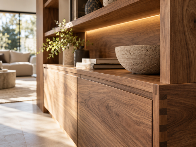 Scaffale in legno in un moderno soggiorno illuminato dal sole, con elementi decorativi e una calda illuminazione integrata