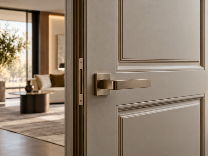 Apri la porta beige con la maniglia in ottone che dà su un soggiorno moderno e luminoso.