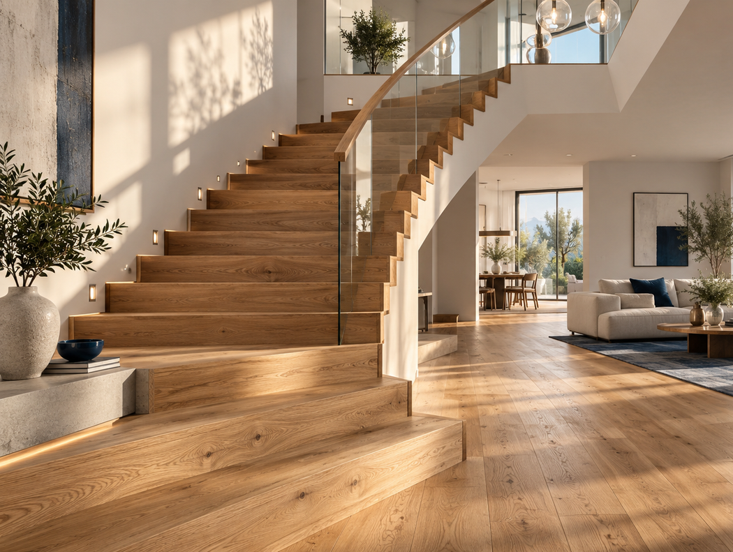 Luminoso soggiorno moderno con scala in legno e pavimento in parquet