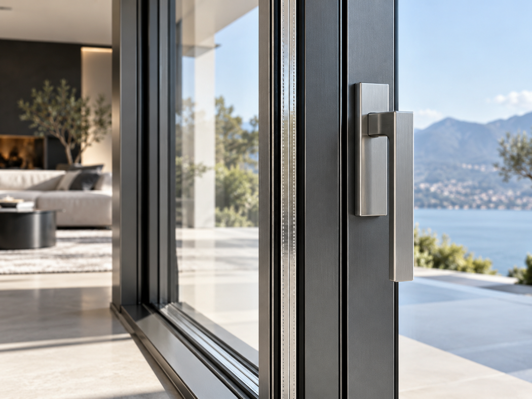 Porta finestra moderna in vetro con maniglia in metallo, aperta su una luminosa vista sul lago e sulle montagne