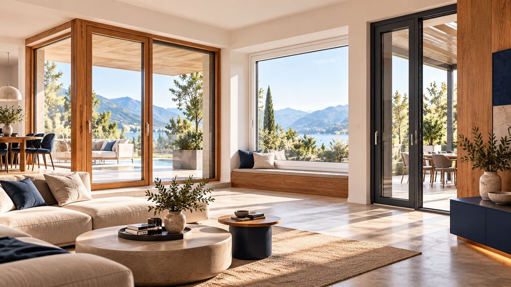 Luminoso e moderno soggiorno con vista sulle montagne, porte a vetri spalancate e calda luce del sole.