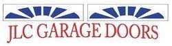 the logo for jlc garage doors is blue and white with a sun on it .