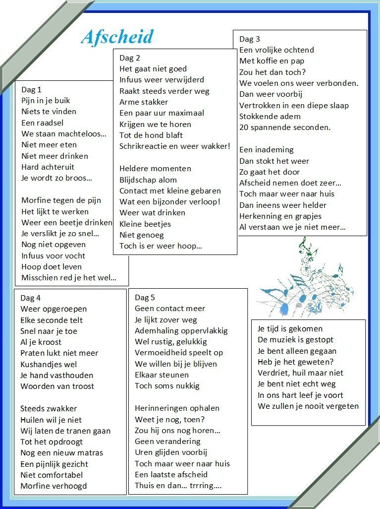 Een gedenkgedicht op een blauw omrande pagina met de titel