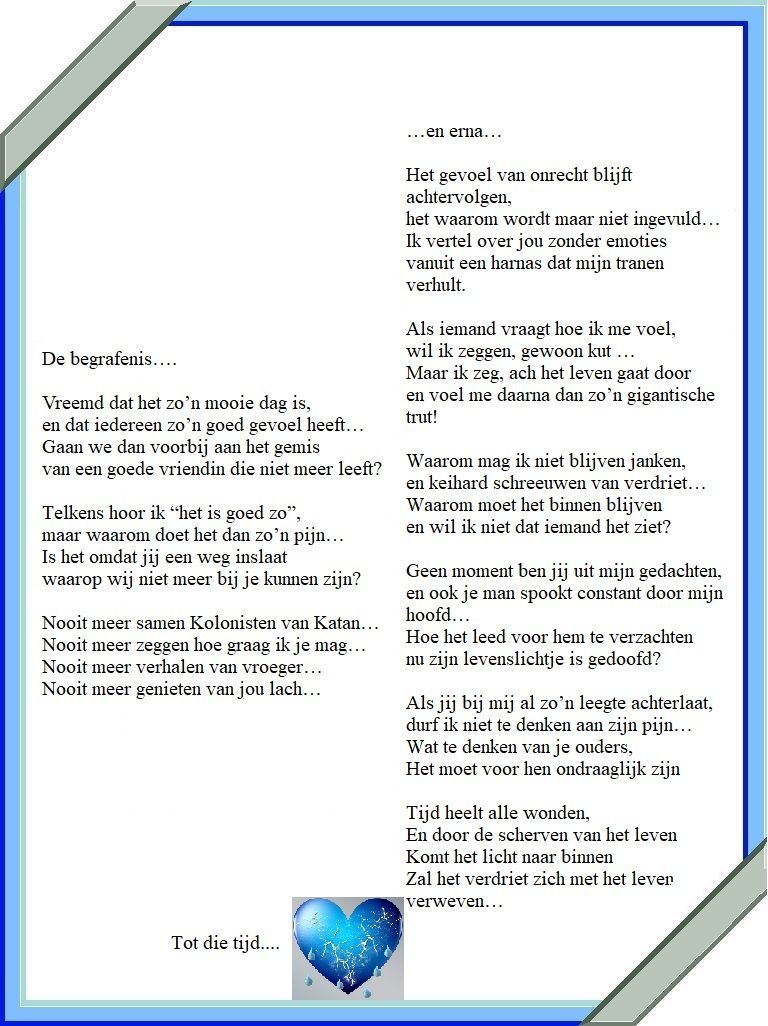 Een gedicht in het Nederlands op een blauw-wit kaartje met een hartje en lintjes in de hoeken.