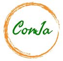 Het ConJa-logo: groene schrijfletters in een witte cirkel, omgeven door een oranje rand.