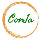 Het ConJa-logo: groene schrijfletters in een witte cirkel, omgeven door een oranje rand.