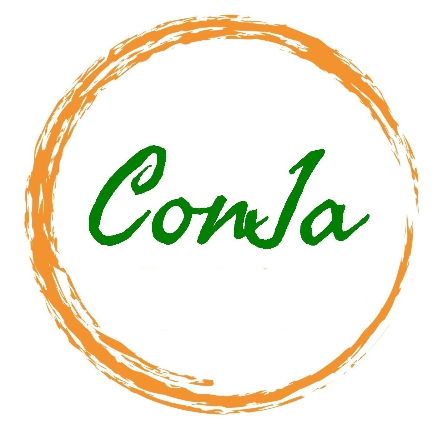 Het ConJa-logo: groene schrijfletters in een witte cirkel, omgeven door een oranje rand.