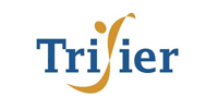 Logo voor Trifier: blauwe tekst met een gouden gebogen vorm en een stip.