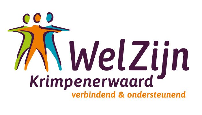 Logo voor WelZijn Krimpenerwaard, met drie gestileerde figuren die elkaar vergezellen, 