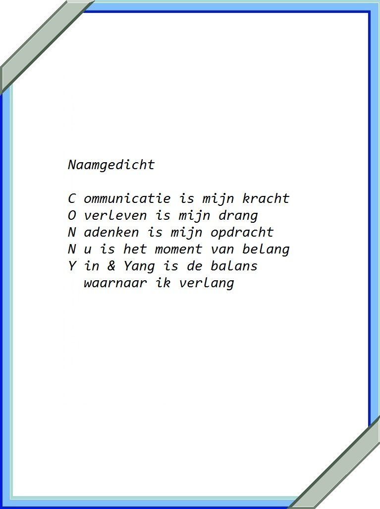 Een naam-gedicht in het Nederlands op wit papier met een blauwe rand en zilveren hoeken.
