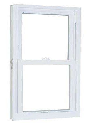 A white double hung window with a clear glass on a white background.