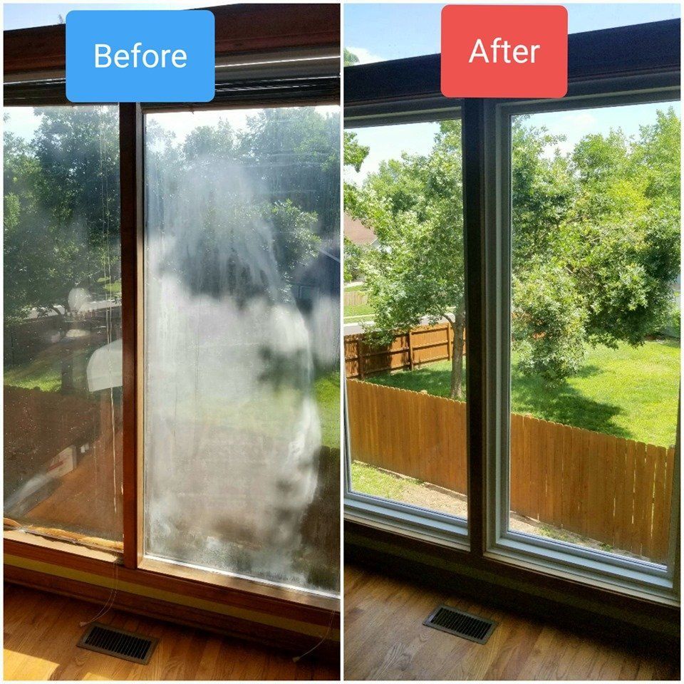 A before and after picture of a sliding glass door.