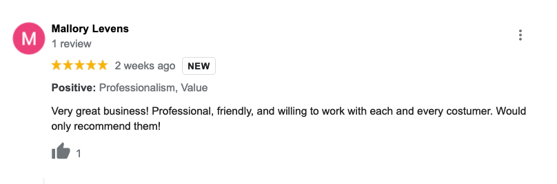 A review from a customer on a website with a thumbs up.