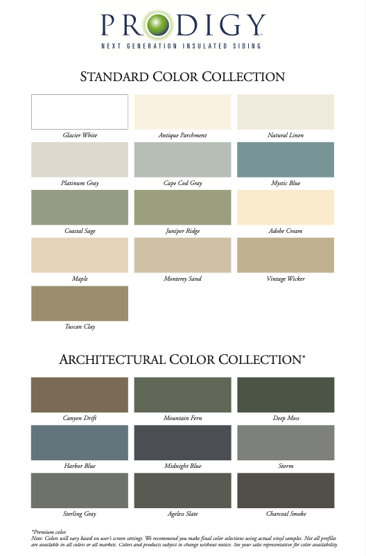 A brochure for prodigy standard color collection and architectural color collection.