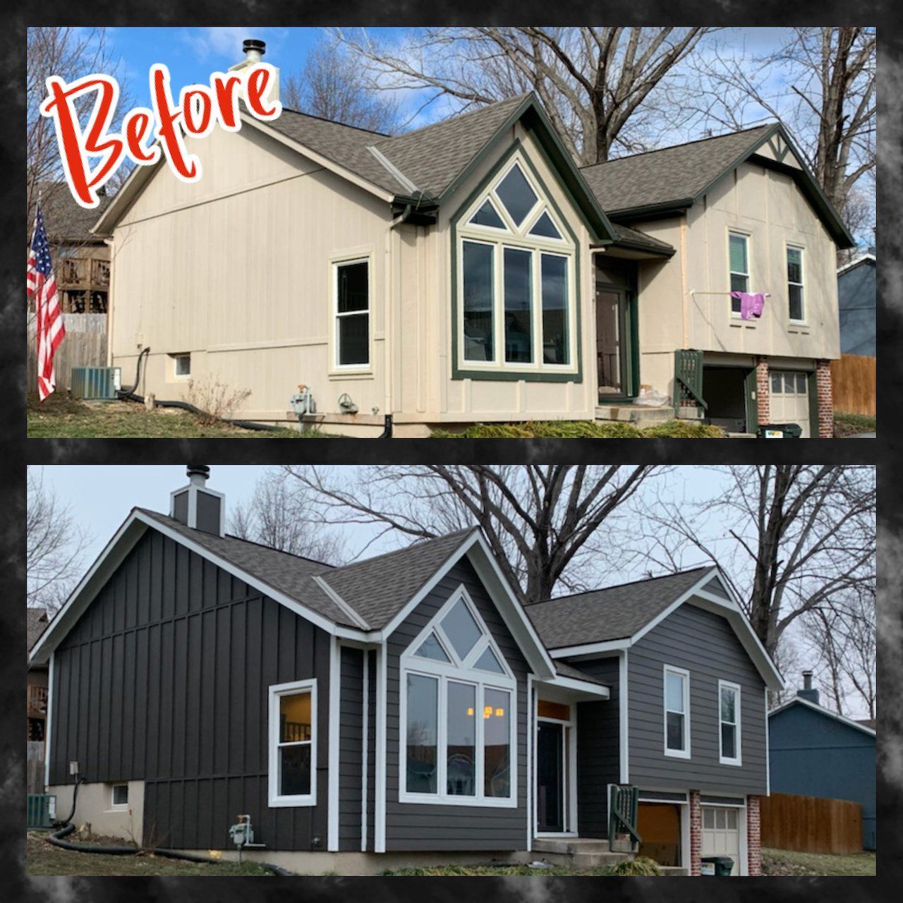 A picture of a house before and after being painted