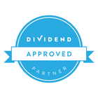 A blue circle with a white ribbon that says dividend approved partner.