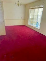 An empty room with bright pink carpeting, beige walls, and a large window looking outdoors.