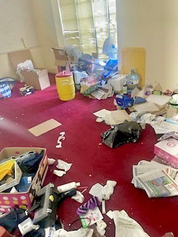 A room with red carpet covered in scattered debris, cardboard boxes, household items, and trash.
