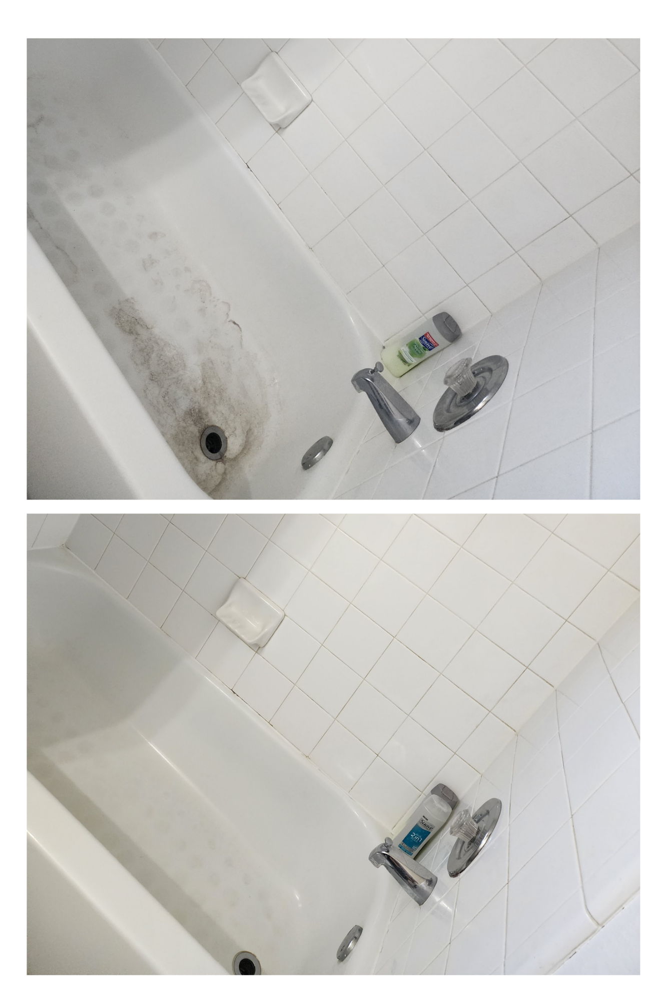 Before and after photos of a bathtub being cleaned, showing a dirty surface transformed to a clean, white finish.