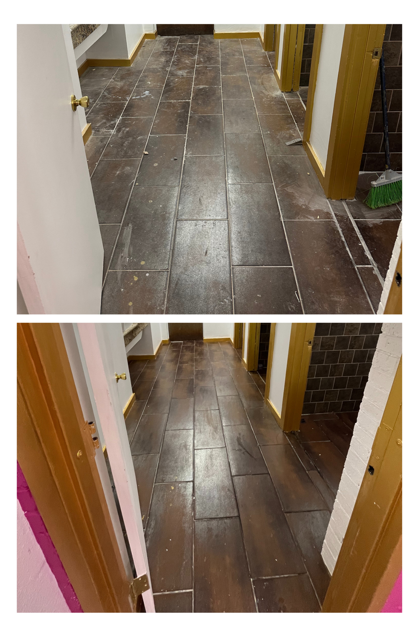 Before and after view of a dark tile floor showing the removal of white construction residue between the tiles.