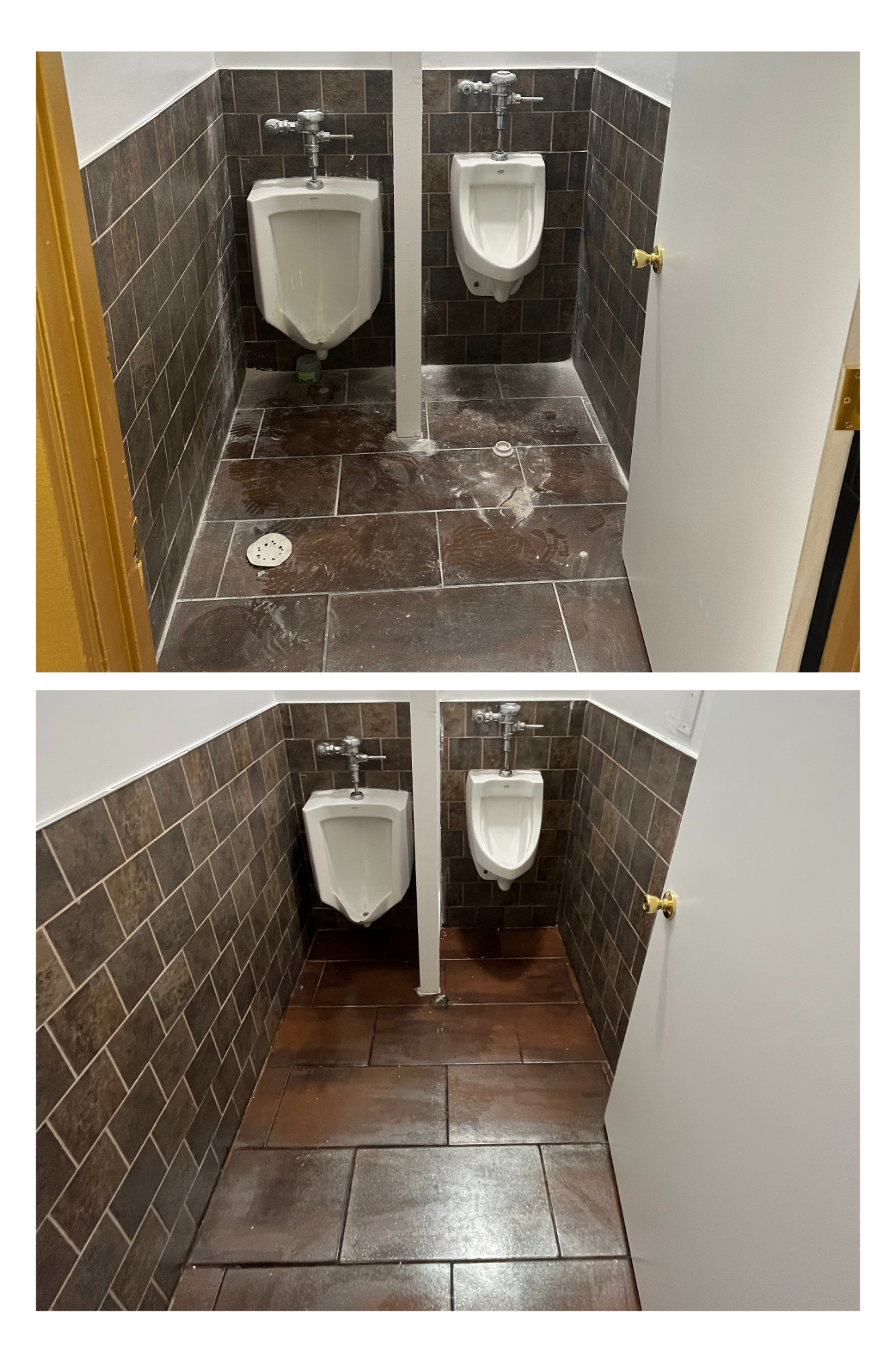 A before-and-after comparison of a restroom showing dirty, tiled floors and walls being deep cleaned.