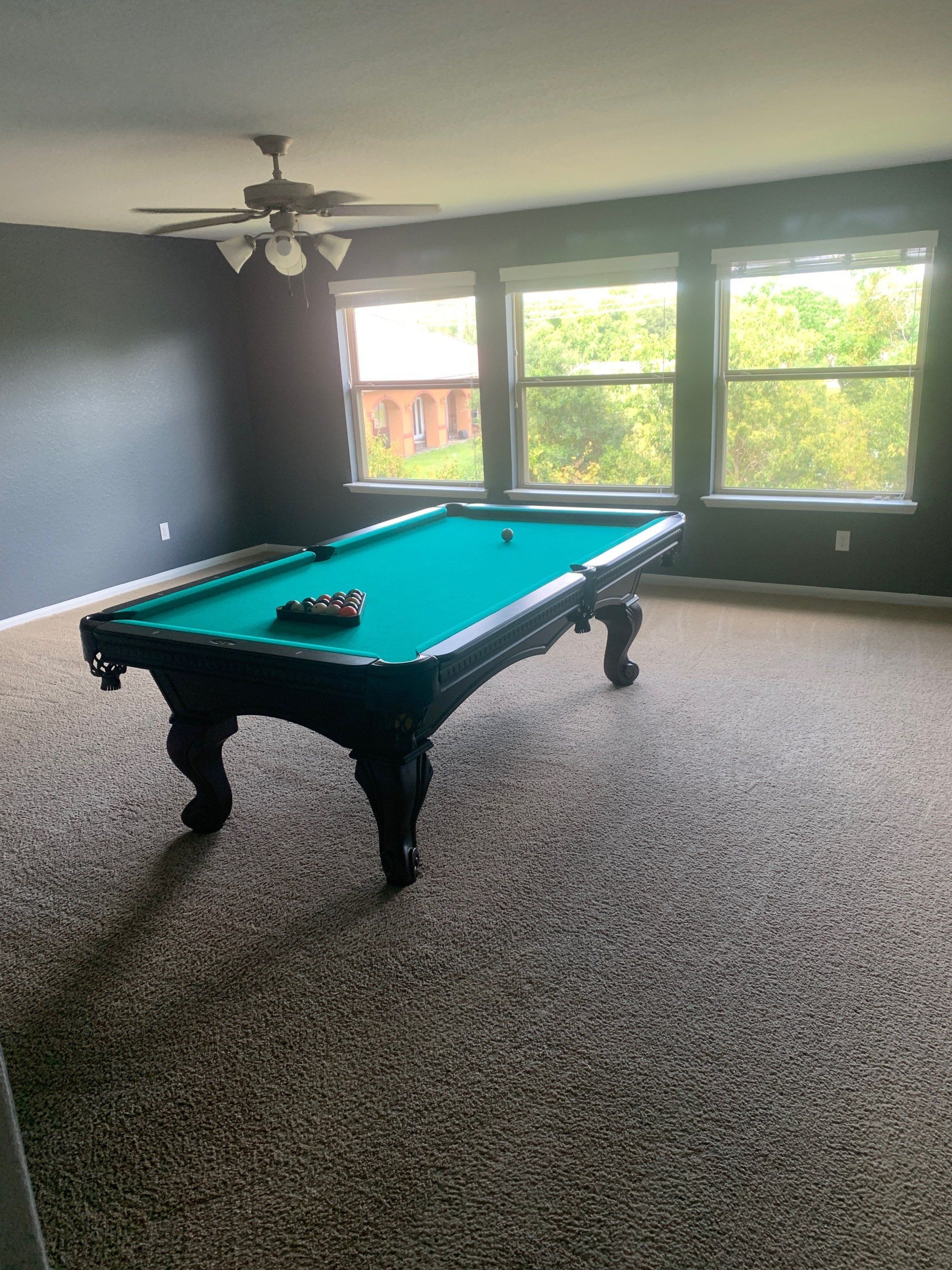A dark-walled room features a pool table with a green felt surface, situated on speckled carpet under a ceiling fan.