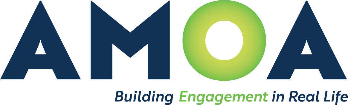 Logo for AMOA: blue letters A, M, O, A; center