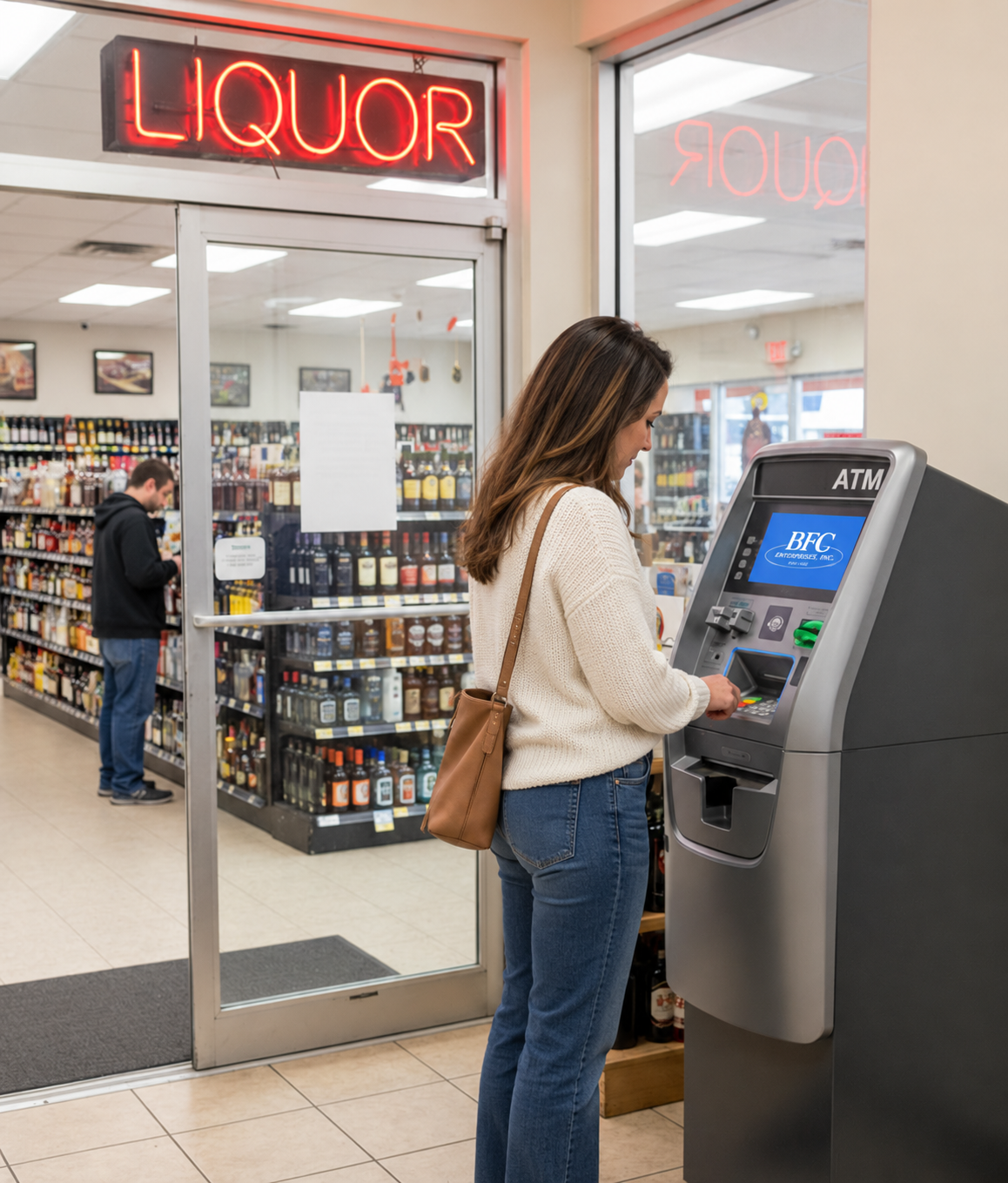 Woman using a BFC Enterprises ATM inside a liquor store, providing convenient cash access for shoppers in Washington, MO.