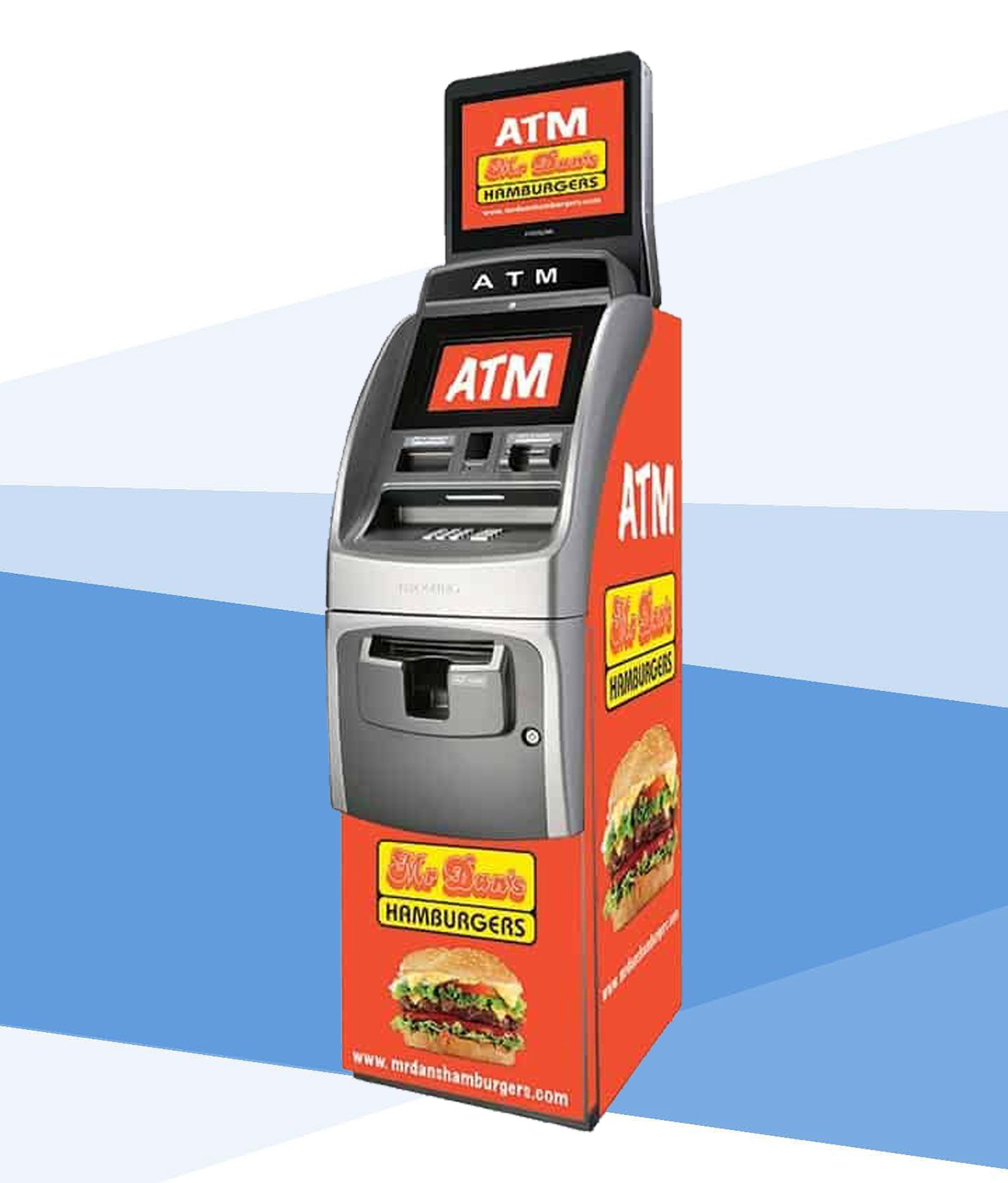 Custom-branded restaurant ATM with advertising screens, highlighting free ATM placement services from BFC Enterprises for restaurants in Alton, IL.