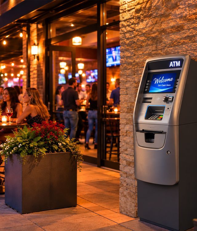 ATM outside a busy bar and restaurant with outdoor seating, illustrating convenient cash access for customers at Litchfield, IL businesses.