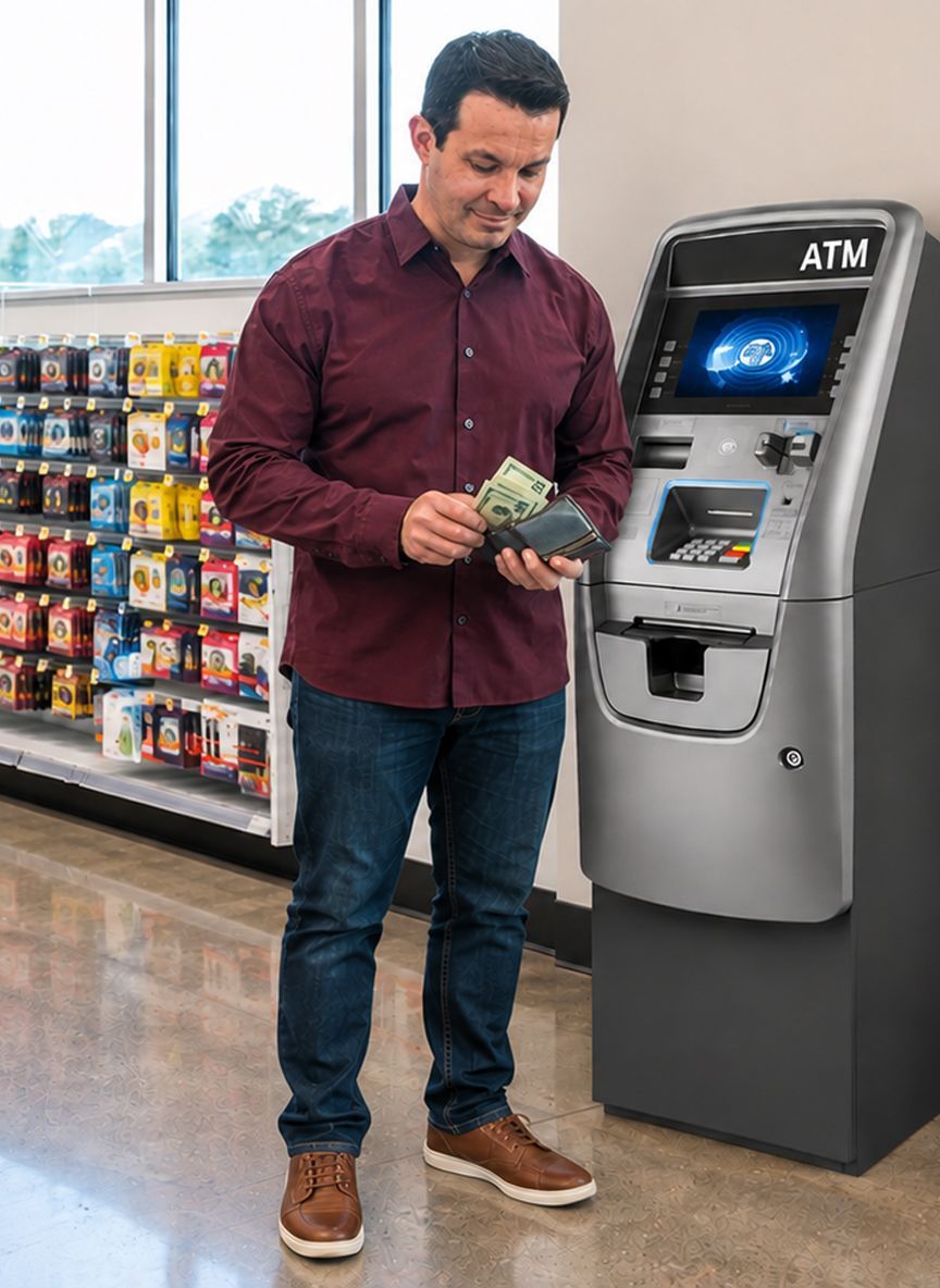 Customer checking his wallet beside an ATM inside a retail store in Mount Vernon, IL.