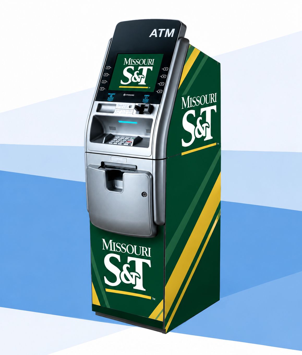Missouri S&T-branded retail ATM with green and gold wrap, showcasing free ATM placement services from BFC Enterprises for businesses in Rolla, MO.