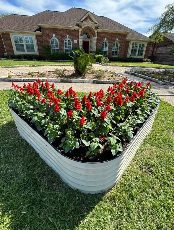 Red flowers in a metal raised garden bed in front of a brick house with a green lawn.