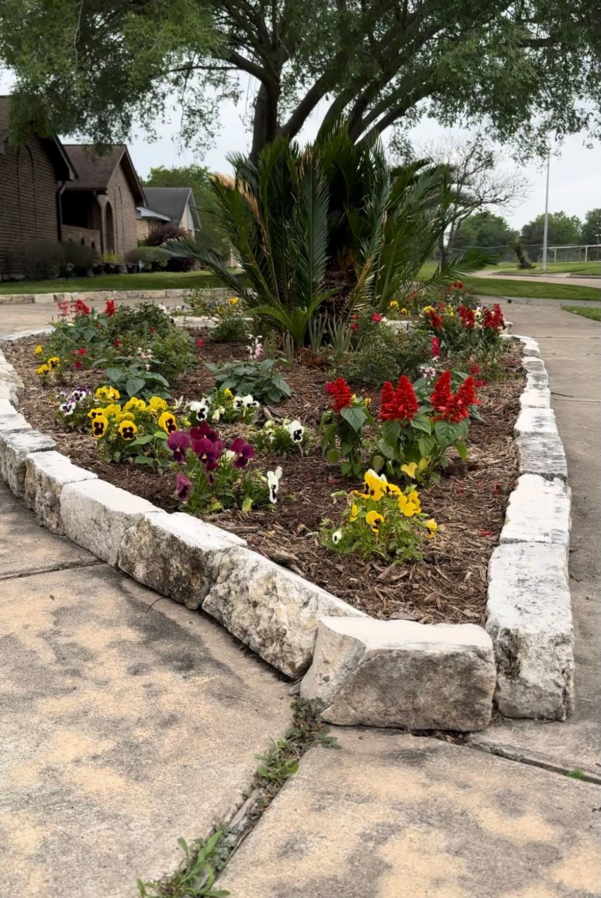 Flower bed with colorful blooms, bordered by stone blocks, near a road.