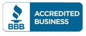 BBB Accredited Business logo in blue and white with text in a rounded rectangle