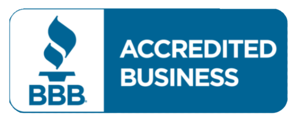 BBB Accredited Business logo in blue and white with text in a rounded rectangle